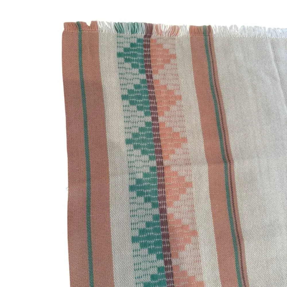 Tablecloth Napkin Set 84”x57” Aztec Striped Peach Aqua Mid Century Fringe